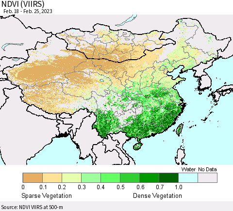 China, Mongolia and Taiwan NDVI (VIIRS) Thematic Map For 2/18/2023 - 2/25/2023