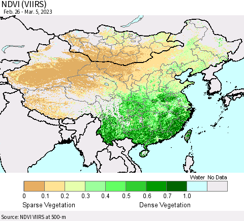 China, Mongolia and Taiwan NDVI (VIIRS) Thematic Map For 2/26/2023 - 3/5/2023