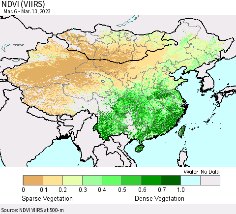 China, Mongolia and Taiwan NDVI (VIIRS) Thematic Map For 3/6/2023 - 3/13/2023