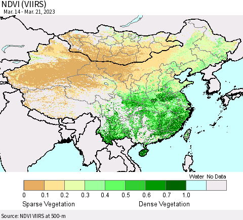 China, Mongolia and Taiwan NDVI (VIIRS) Thematic Map For 3/14/2023 - 3/21/2023