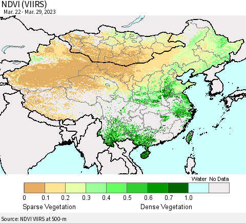 China, Mongolia and Taiwan NDVI (VIIRS) Thematic Map For 3/22/2023 - 3/29/2023