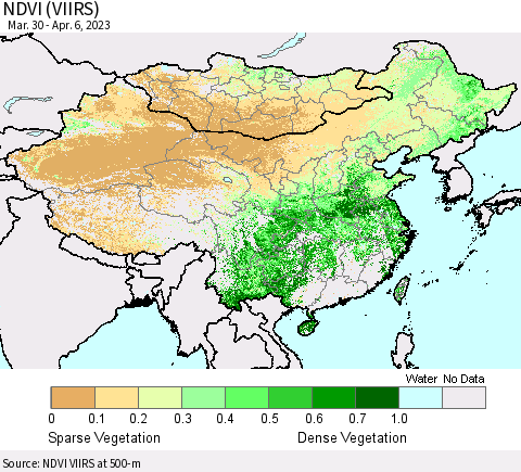 China, Mongolia and Taiwan NDVI (VIIRS) Thematic Map For 3/30/2023 - 4/6/2023