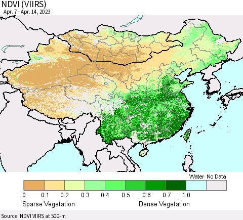 China, Mongolia and Taiwan NDVI (VIIRS) Thematic Map For 4/7/2023 - 4/14/2023