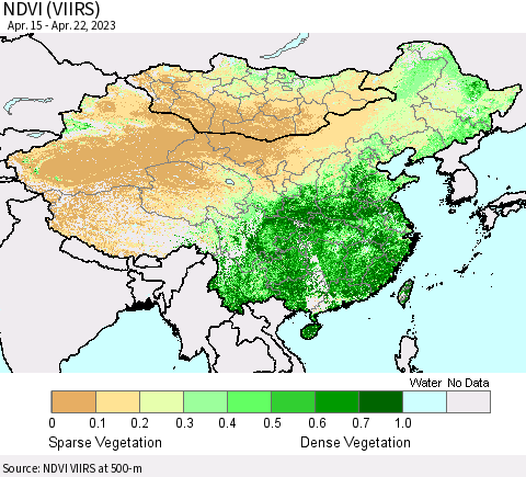 China, Mongolia and Taiwan NDVI (VIIRS) Thematic Map For 4/15/2023 - 4/22/2023
