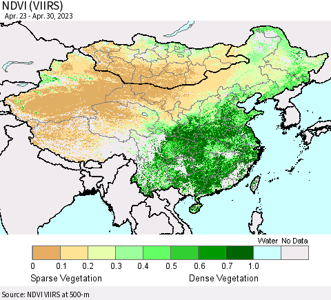 China, Mongolia and Taiwan NDVI (VIIRS) Thematic Map For 4/23/2023 - 4/30/2023