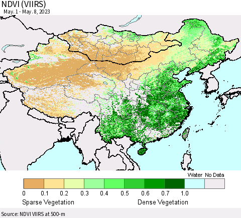 China, Mongolia and Taiwan NDVI (VIIRS) Thematic Map For 5/1/2023 - 5/8/2023