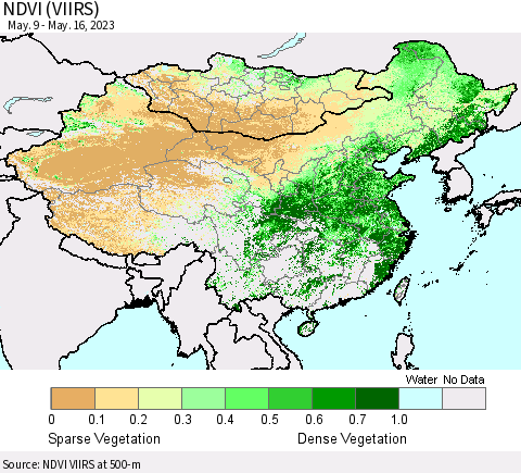 China, Mongolia and Taiwan NDVI (VIIRS) Thematic Map For 5/9/2023 - 5/16/2023