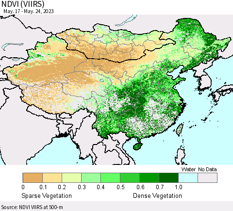 China, Mongolia and Taiwan NDVI (VIIRS) Thematic Map For 5/17/2023 - 5/24/2023