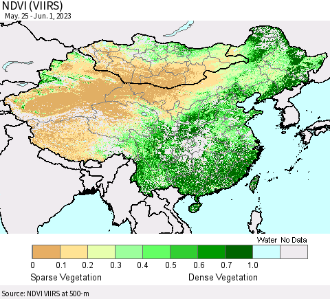 China, Mongolia and Taiwan NDVI (VIIRS) Thematic Map For 5/25/2023 - 6/1/2023