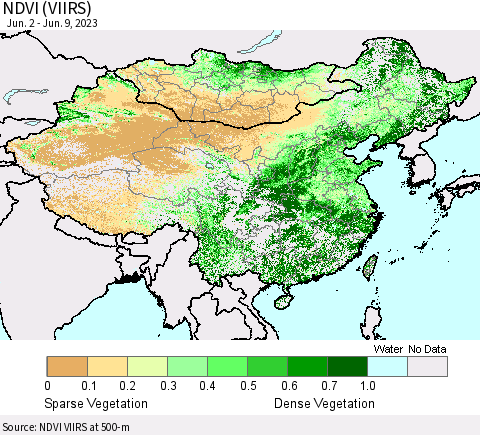 China, Mongolia and Taiwan NDVI (VIIRS) Thematic Map For 6/2/2023 - 6/9/2023