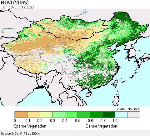 China, Mongolia and Taiwan NDVI (VIIRS) Thematic Map For 6/10/2023 - 6/17/2023