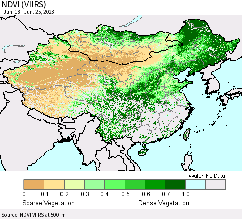 China, Mongolia and Taiwan NDVI (VIIRS) Thematic Map For 6/18/2023 - 6/25/2023