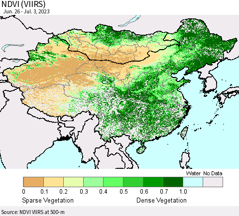 China, Mongolia and Taiwan NDVI (VIIRS) Thematic Map For 6/26/2023 - 7/3/2023