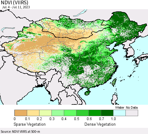China, Mongolia and Taiwan NDVI (VIIRS) Thematic Map For 7/4/2023 - 7/11/2023