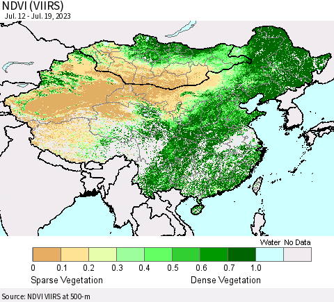China, Mongolia and Taiwan NDVI (VIIRS) Thematic Map For 7/12/2023 - 7/19/2023