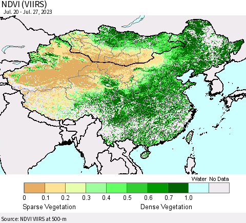 China, Mongolia and Taiwan NDVI (VIIRS) Thematic Map For 7/20/2023 - 7/27/2023