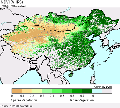 China, Mongolia and Taiwan NDVI (VIIRS) Thematic Map For 8/5/2023 - 8/12/2023