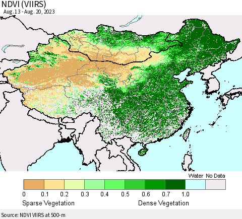 China, Mongolia and Taiwan NDVI (VIIRS) Thematic Map For 8/13/2023 - 8/20/2023