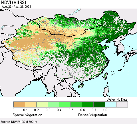 China, Mongolia and Taiwan NDVI (VIIRS) Thematic Map For 8/21/2023 - 8/28/2023