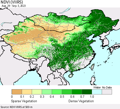 China, Mongolia and Taiwan NDVI (VIIRS) Thematic Map For 8/29/2023 - 9/5/2023