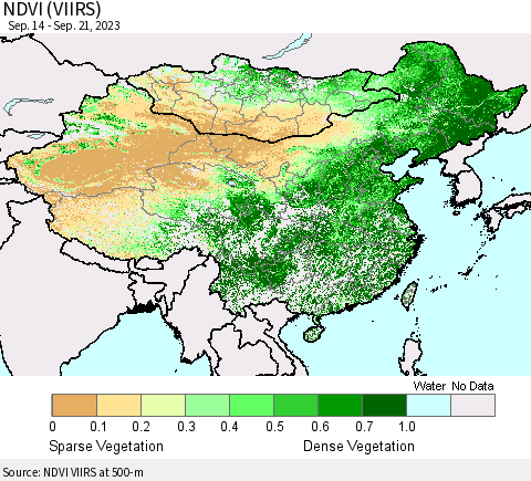 China, Mongolia and Taiwan NDVI (VIIRS) Thematic Map For 9/14/2023 - 9/21/2023