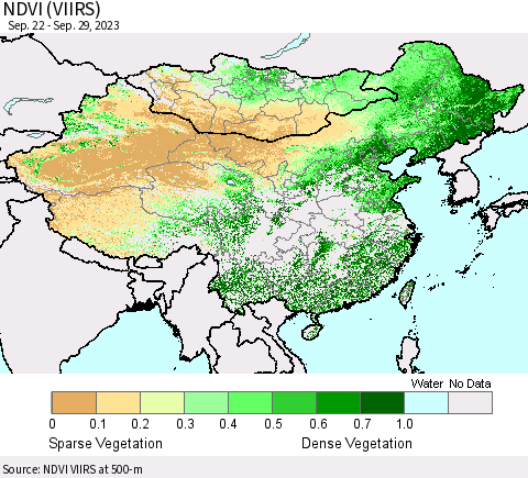 China, Mongolia and Taiwan NDVI (VIIRS) Thematic Map For 9/22/2023 - 9/29/2023