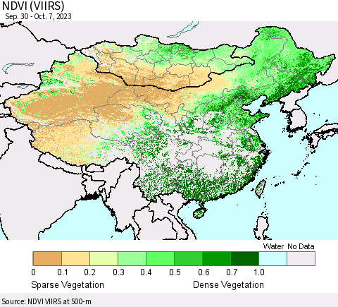 China, Mongolia and Taiwan NDVI (VIIRS) Thematic Map For 9/30/2023 - 10/7/2023