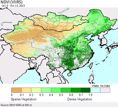 China, Mongolia and Taiwan NDVI (VIIRS) Thematic Map For 10/8/2023 - 10/15/2023