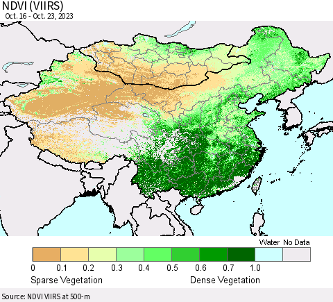 China, Mongolia and Taiwan NDVI (VIIRS) Thematic Map For 10/16/2023 - 10/23/2023