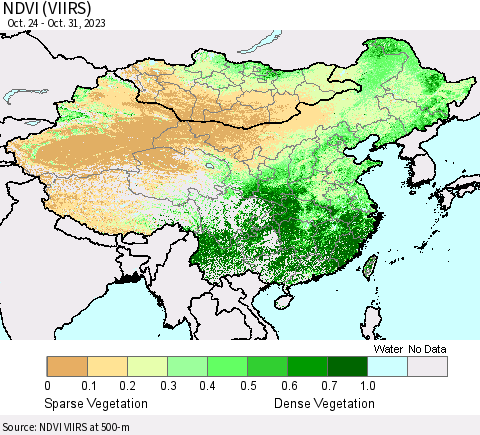China, Mongolia and Taiwan NDVI (VIIRS) Thematic Map For 10/24/2023 - 10/31/2023