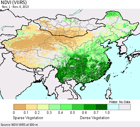 China, Mongolia and Taiwan NDVI (VIIRS) Thematic Map For 11/1/2023 - 11/8/2023