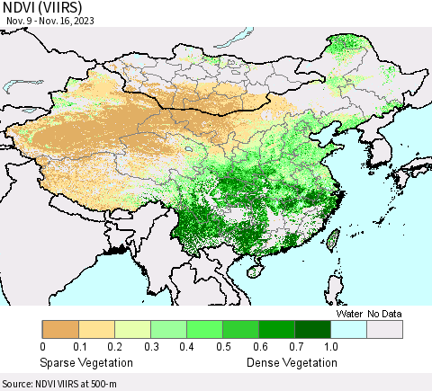 China, Mongolia and Taiwan NDVI (VIIRS) Thematic Map For 11/9/2023 - 11/16/2023