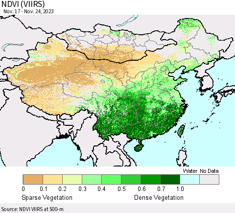 China, Mongolia and Taiwan NDVI (VIIRS) Thematic Map For 11/17/2023 - 11/24/2023