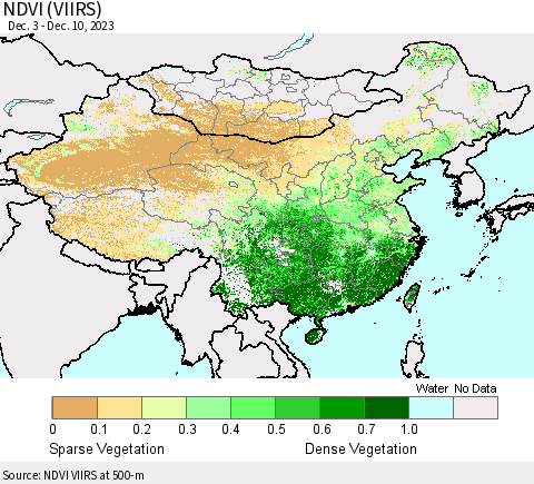 China, Mongolia and Taiwan NDVI (VIIRS) Thematic Map For 12/3/2023 - 12/10/2023