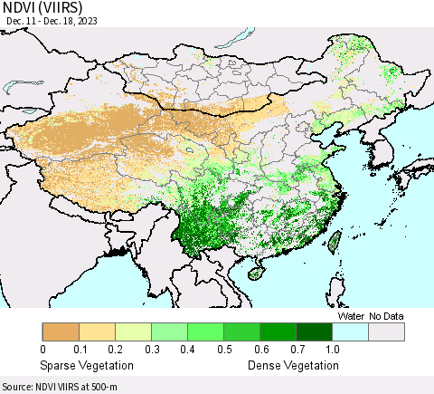 China, Mongolia and Taiwan NDVI (VIIRS) Thematic Map For 12/11/2023 - 12/18/2023