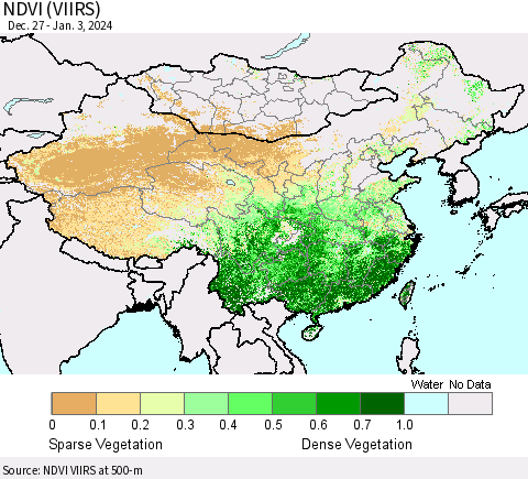 China, Mongolia and Taiwan NDVI (VIIRS) Thematic Map For 12/27/2023 - 1/3/2024