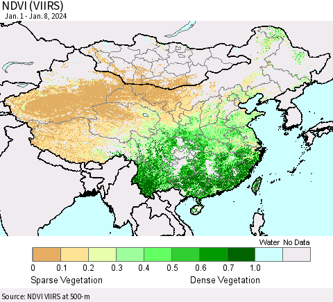 China, Mongolia and Taiwan NDVI (VIIRS) Thematic Map For 1/1/2024 - 1/8/2024
