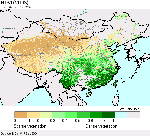 China, Mongolia and Taiwan NDVI (VIIRS) Thematic Map For 1/9/2024 - 1/16/2024