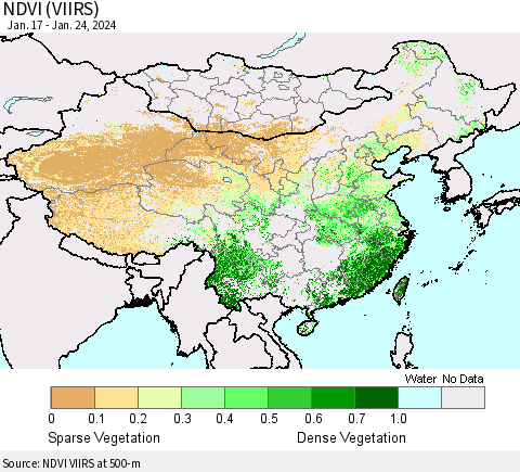 China, Mongolia and Taiwan NDVI (VIIRS) Thematic Map For 1/17/2024 - 1/24/2024