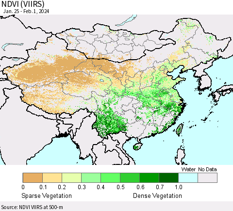 China, Mongolia and Taiwan NDVI (VIIRS) Thematic Map For 1/25/2024 - 2/1/2024