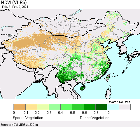 China, Mongolia and Taiwan NDVI (VIIRS) Thematic Map For 2/2/2024 - 2/9/2024