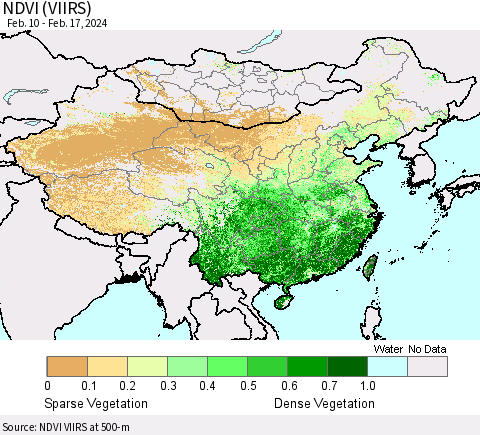 China, Mongolia and Taiwan NDVI (VIIRS) Thematic Map For 2/10/2024 - 2/17/2024