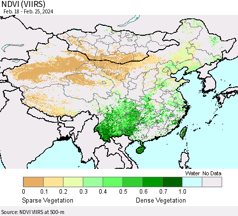 China, Mongolia and Taiwan NDVI (VIIRS) Thematic Map For 2/18/2024 - 2/25/2024