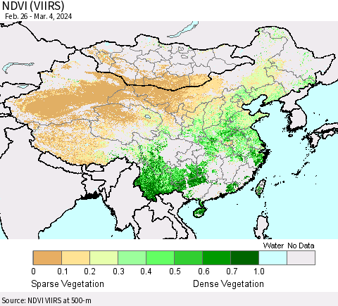 China, Mongolia and Taiwan NDVI (VIIRS) Thematic Map For 2/26/2024 - 3/4/2024