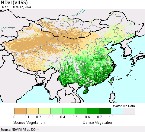 China, Mongolia and Taiwan NDVI (VIIRS) Thematic Map For 3/5/2024 - 3/12/2024