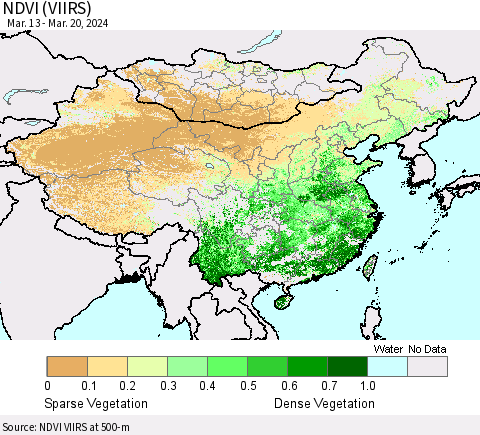 China, Mongolia and Taiwan NDVI (VIIRS) Thematic Map For 3/13/2024 - 3/20/2024