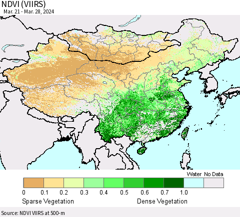 China, Mongolia and Taiwan NDVI (VIIRS) Thematic Map For 3/21/2024 - 3/28/2024