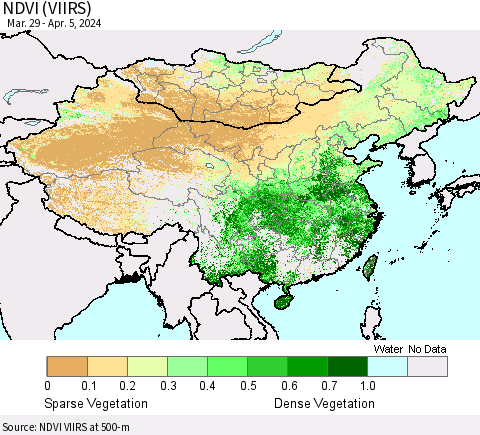 China, Mongolia and Taiwan NDVI (VIIRS) Thematic Map For 3/29/2024 - 4/5/2024