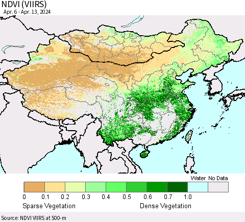 China, Mongolia and Taiwan NDVI (VIIRS) Thematic Map For 4/6/2024 - 4/13/2024