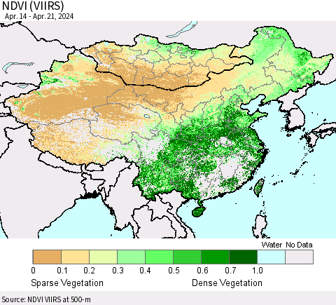 China, Mongolia and Taiwan NDVI (VIIRS) Thematic Map For 4/14/2024 - 4/21/2024